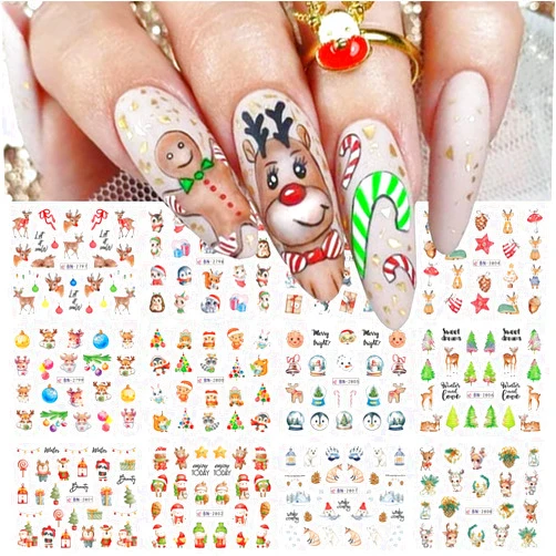 Gaduupa 12Sheet Christmas Nail Art Stickers 3D Water Transfer Sliders Nail Foil Gingerbread Snowman Santa Claus Christmas Tree Deer Elk Design Nail Supplies Nail Decorations Accessories for Women