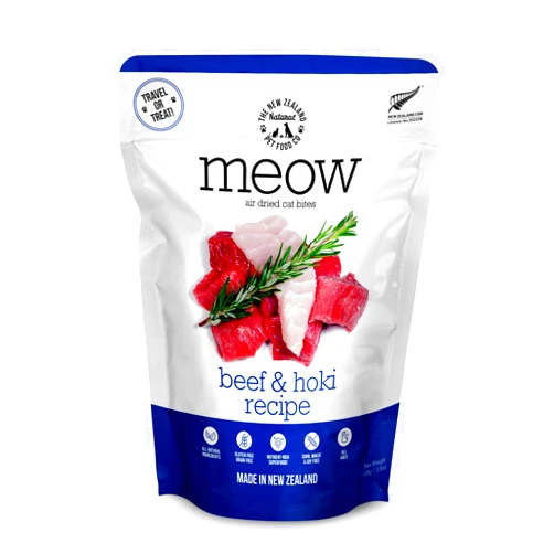 The New Zealand Natural Pet Food Co. Meow Air Dried Cat Food - Beef & Hoki Recipe, High Protein Dry Cat Food Use as a Complete Diet, Topper, Mixer, or as Cat Training Treats, All Life Stages, 3.5 oz