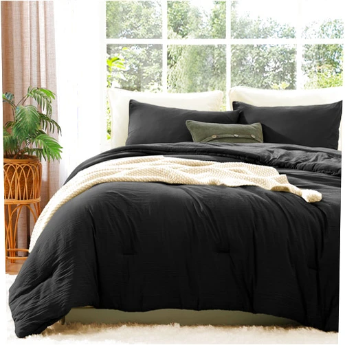 WRENSONGE Queen Comforter Set - 3 Pieces Prewashed Black Comforter Soft Lightweight for All Seasons,Fluffy Down Alternative Comforter Queen Size with 2 Pillow Shams