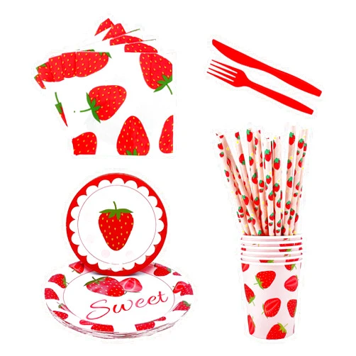 AIBIIN 112pcs Strawberry Party Supplies Strawberry Tableware Set Summer Fruit 1st Birthday Baby Shower Disposable Strawberry Plates Cups Towels Knives Forks Straws for 16 Guests Party Decorations