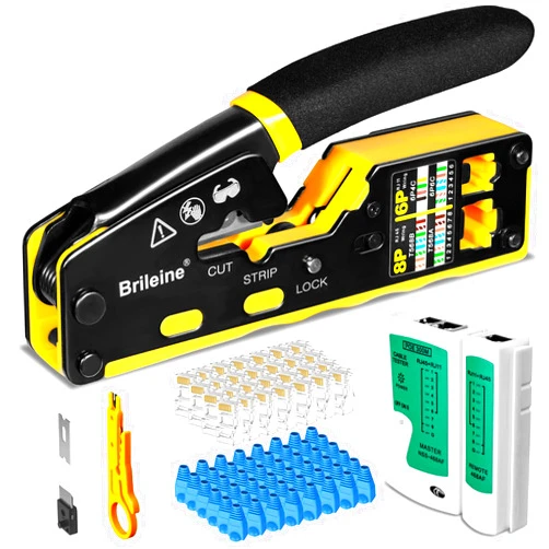 Brileine RJ45 Crimp Tool Pass Through Kit Ethernet Crimper Cat5 Cat5e Cat6 Crimping Tool for RJ11/RJ12 6P/8P with Network Lan Cable Tester, 50PCS Cat6 Connectors, 50PCS Boots, Mini Cable Stripper