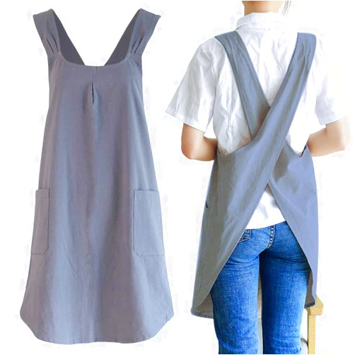NEWGEM Japanese Linen Cross Back Kitchen Cooking Aprons for Women with Pockets Cute for Baking Painting Gardening Cleaning Gray