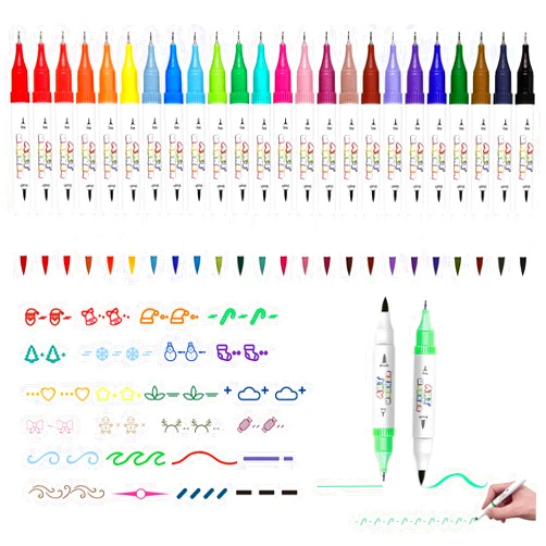 JanFeel 24 PCS Curve Highlighter Pen Set for Note Taking, 3 Types Nibs Fine-liner Brush Roller Watercolor Marker Pens for Graffiti Journal DIY Coloring Book Art Sketching Illustration Calligraphy