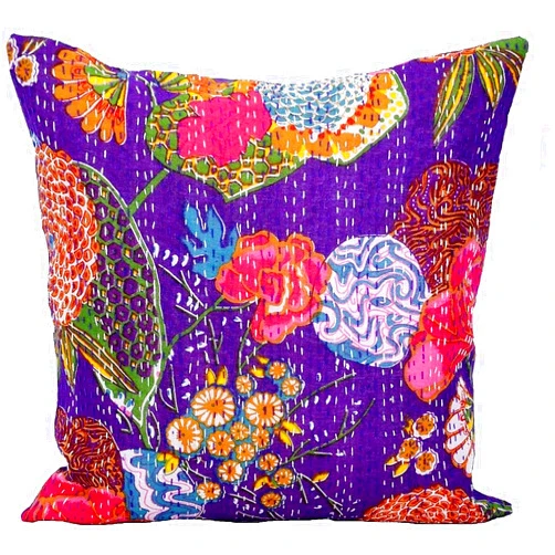 Bhagyashri Fashions Indian Handmade Cotton Kantha Fruit Print Threads Work Purple Cushion Cover Throw Pillow Cases Decorative Pillows Cover Bohemian 16x16 Inches
