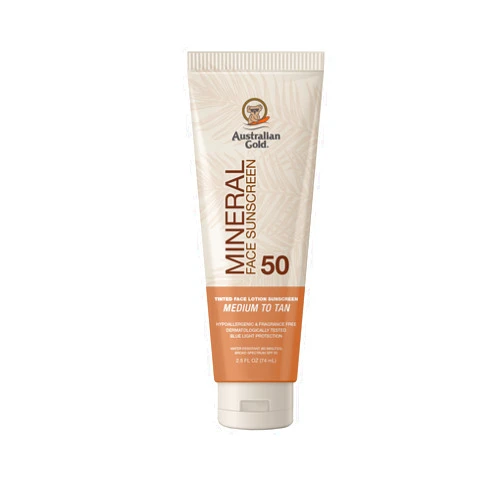 Australian Gold SPF 50 Tinted Mineral Face Sunscreen, Medium to Tan, 2.5 fl oz, Broad Spectrum, Non-Greasy BB Cream with Blue Light & Sun Protection, 4% Zinc Oxide & Titanium Dioxide, Hypoallergenic