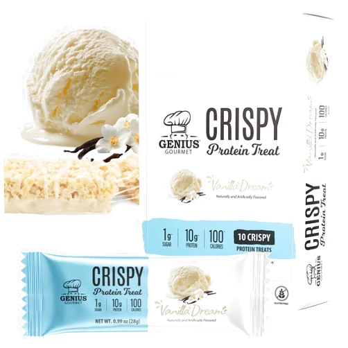 Genius Gourmet Crispy Protein Treat, Vanilla Dream, Keto Snack, Low Carb, Low Sugar & Gluten Free, Protein Snacks for Adults, 10G of Whey Protein per Protein Bar, 5 Net Carbs, On The Go Snack, 10 CT