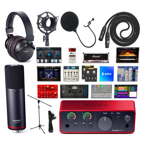 Focusrite Scarlett Solo Studio 4th Gen 2x2 USB Audio Interface Full Studio Bundle with Exclusive Creative Software Kit with Scarlett Headphones and Condenser Microphone with XLR Cable & Shock Mount