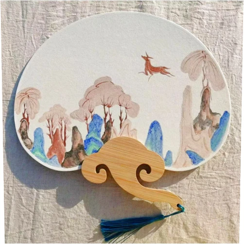 JYINGJIPN Hand-painted Natural Mineral Pigment Paper Fan Inspired by Dunhuang Murals