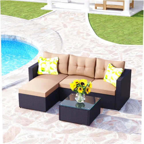 PHI VILLA Outdoor Patio Rattan Sectional Sofa- Small Patio Wicker Furniture Sofa Set,3-Piece, Cream
