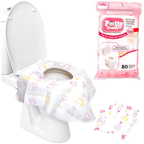 POTTY SHIELDS Disposable Toilet Seat Covers for Kids & Adults (20 Pack) Germ Protect from Public Toilets - Waterproof, Plastic Lined for No Soak Thru, XL to Cover the WHOLE Toilet -Pink/Floral