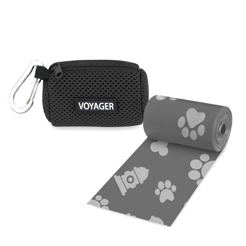 Best Pet Supplies Dog Poop Bag Holder Leash Attachment with 15 Bags, Black, Reusable Mesh Dispenser Pouch for Travel, Walking, Park, and Outdoor Use, Soft and Durable with Clip-On