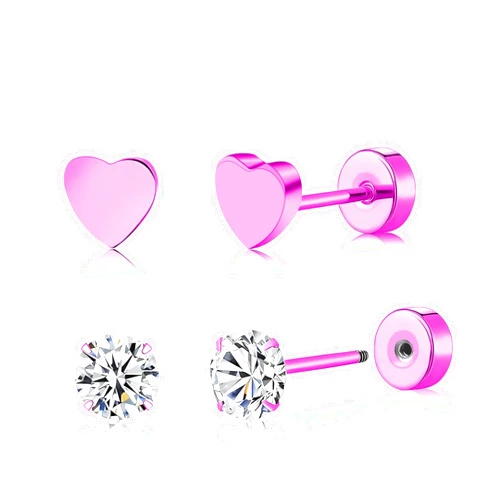 FACOKO 2 Pairs Flat Back Earrings Women, Titanium Star and Moon Earrings, Heart & CZ Flatback Stud, Butterfly & Lightning Screw Back, Crosses and Triangles Stud, Gold/Pink/Silver/Black Options