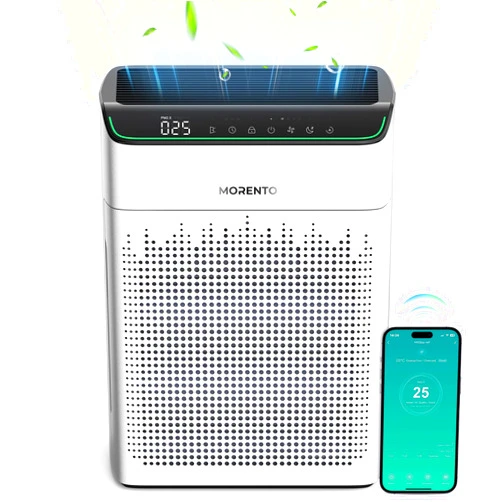 MORENTO Air Purifiers for Home Large Room Up to 1290 ft² with PM 2.5 Air Quality Monitor, Wi-Fi and Alexa compatible, HEPA Auto Mode Double-sided Air Inlet for Smoke and Odor, 23db, MR5866, White