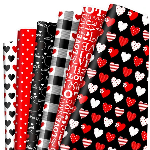Whaline 12 Sheet Valentine's Day Wrapping Paper Heart Love Plaid Gift Wrap Paper Bulk Folded Flat Black Red Craft Paper for DIY Crafts Wedding Anniversary Party Gift Packing Supplies, 19.7 x 27.6 Inch
