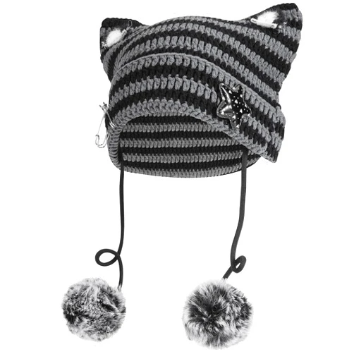 Aobiono Cat Ear Beanie Y2K Hat, Women Girl Emo Crochet Striped Grunge Goth Star Pom Aesthetic Knit Kawaii Alt Cute Slouchy Skull Cap
