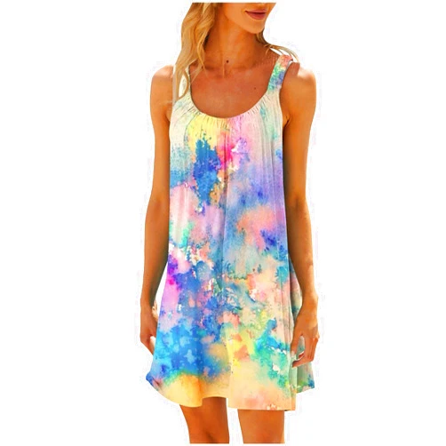 Bawilom Hawaiian Sundresses for Women Casual Summer Beach Dresses Round Neck Loose Fit Dress Boho Floral Print Tank Dress