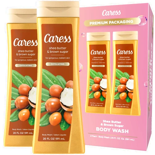 Caress Body Wash, Shea Butter & Brown Sugar, Moisturizing Body Wash for Gorgeous, Radiant Skin, Exfoliating Body Soap Liquid, 20 Fl Oz (Pack of 2)