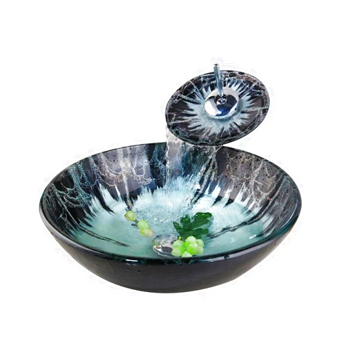 Focitland Bathroom Sink,Black&Green Glass Vessel Sink with Waterfall Faucet and Drain Combo,Black&Green Round Bowl Sink Bathroom Tempered Glass Vessel Sink Above Counter