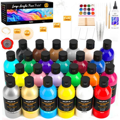 Nicpro 24 Colors 8.45oz Acrylic Pour Paint Supplies Kit, Large Volume Premixed High Flow Painting Bulk Set with Canvas, Wood Natural Slices, Pouring Oil, Tools Gloves, Strainer, Cups for Beginner DIY