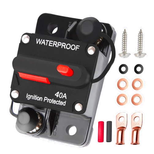 Tiwerlfe 40 Amp Circuit Breaker Manual Reset Waterproof Inline Fuse Inverter for Car ATV Marine Trolling Motors Boat Power Protect 12V-48V, with Wire Lugs Copper Washer Screw