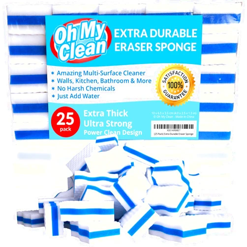 Oh My Clean (25 Pack) Extra Durable Eraser Sponge – Extra Thick, Long Lasting Magic Melamine Cleaning Sponges in Bulk – Foam Pads for Walls, Kitchen, Bathroom, Floor & Baseboard Cleaner