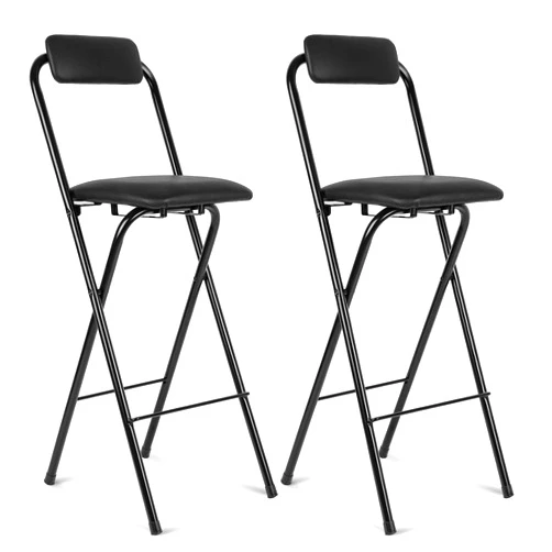 Thyle Folding Bar Stool with Backrest, Leather Padded Counter Height Foldable Stool, Portable Folding Stool Tall Bar Stools for Outdoor Camping Kitchen Shop Cafe, Black (2 Pcs, 29.5 Inch)