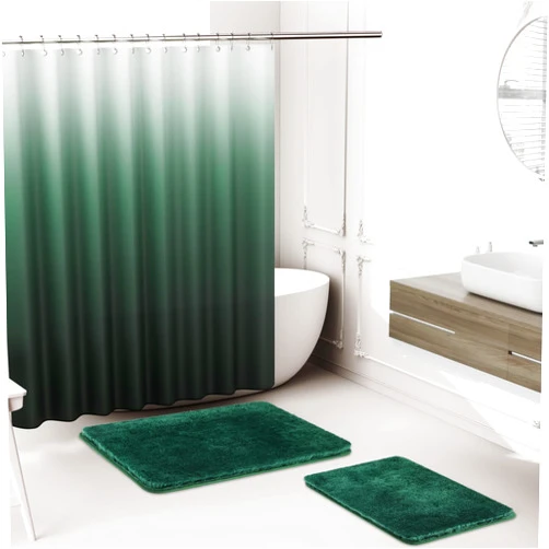 XLHOMO Bathroom Accessory Set–Bathroom Sets with Shower Curtain and Rugs, No Slip Bathroom Rugs Super Absorbent, Dark Green Ombre Waterproof Shower Curtain with Hooks, Green Bathroom Sets Complete for Home