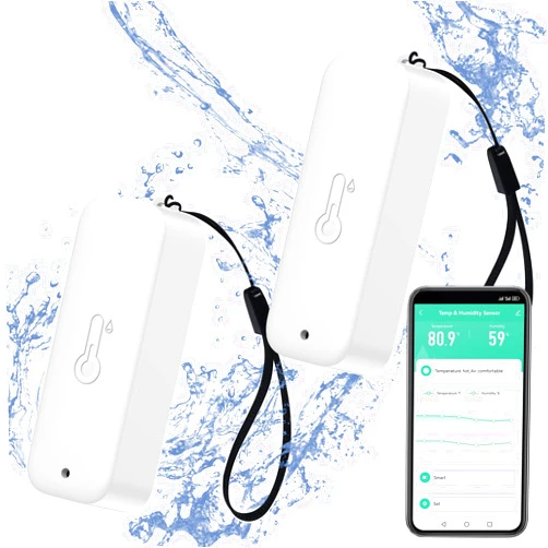 PHOVOLT Smart Hygrometer Thermometer: Waterproof Humidity and Temperature Sensor Gauge with App Alert Notification, Indoor and Outdoor Self Magnet WiFi Temperature Sensor, Compatible with Alexa (2 Pack)