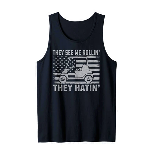 Golf Course Cart Driving 4th July Veteran Golfer Funny Golfer Dad Husband Mens US Flag They See Me Rolling Tank Top