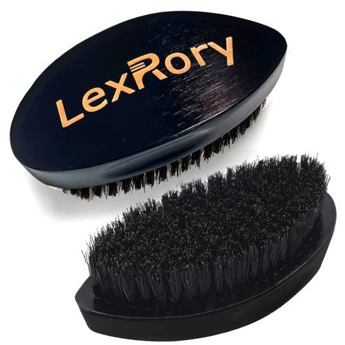 LexRory Medium Hard 360 Wave Brush - Upgraded Curved Palm Wavy Brushes for Men - Natural Boar Bristles Medium Firm for Hair Routine Waves Brushing (Black)