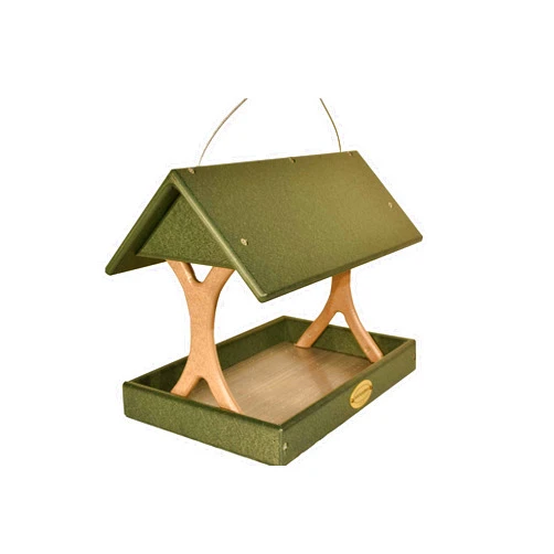 DutchCrafters Poly Plastic Hanging Fly Through Bird Feeder, Covered Fly-Thru Mesh Tray Wild Bird Feeder - Amish Made in USA (Hanging, Turf Green & Weathered Wood)