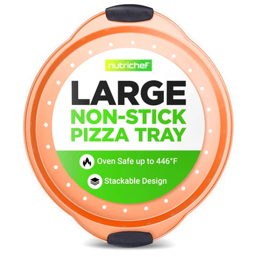 NutriChef 13-Inch Nonstick Pizza Tray - Round Carbon Steel Non-Stick Pizza Baking Pan with Perforated Holes, Premium Bakeware Pizza Screen with Silicone Grip Handles, Dishwasher Safe - Copper