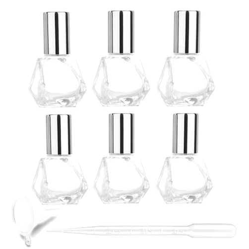 Mollensiuer 6Pcs 5ml (1/6 oz) DIY Travel Essential Oil Roller Bottle Polygonal Clear Glass Cosmetic Contaners Vials for Essential Oils Perfumes Aromatherapy, 1pc Funnel and Dropper, Roll on Bottles with Silve Cap