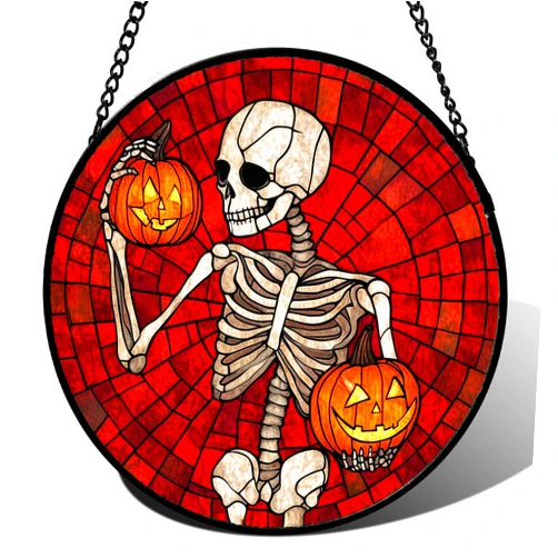 CRISGIF Stained Glass Window Hanging - Halloween Decorations Skeleton Pumpkin Suncatcher for Doors Garden Indoor Spooky Funny Sun Catchers Gothic Decor Horror Gifts for Women Men Friend 9.8 in