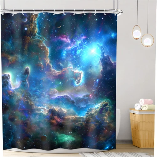 Riyidecor Galaxy Nebula Shower Curtain 60Wx72H Inch Starry Shower Curtain Sky Outer Space Fantasy Cosmic Universe Solar System Planet Kids Boy Bathroom Decor Fabric Polyester Waterproof 12 Pack Hooks