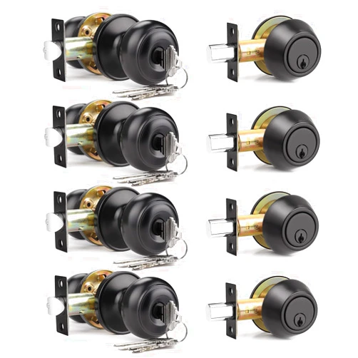 Brotima 4 Pack Keyed Alike Front Door Knob and Deadbolt Set, Entry Door Locksets with Single Cylinder Deadbolt, Matte Black Flat Round Door Lock Set for Bedroom/Office/Exterior Doors