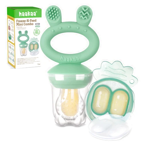 Haakaa Baby Fruit Food Feeder & Mini Freezer Nibble Tray Combo, Breastmilk Popsicle Molds for Cooling Relief, BPA Free Silicone Feeder for Safe Infant Self Feeding, 4 Month+ (Pea Green)