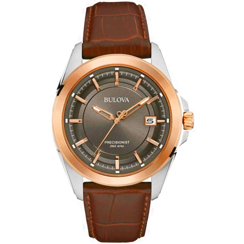 Bulova Men's Precisionist 3-Hand Calendar Rose Gold and Stainless Steel with Brown Leather Strap and Gray Dial Style: 98B267