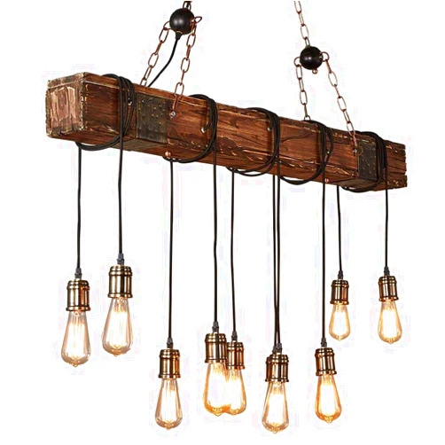 KJLARS Farmhouse Chandelier Wood Hanging Industrial Pendant Lighting Vintage Ceiling Light Fixture 10 Light for Pool Table Kitchen Island Bar Bedroom Dining Living Retro Hanging Lamp (43.31 inches)