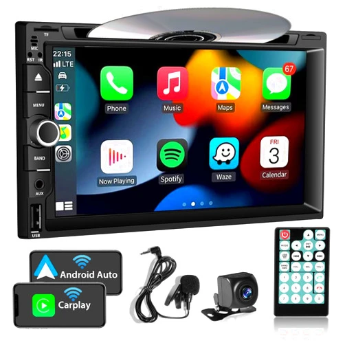 Alondy [Wireless] Alondy Double Din Car Stereo with CD/DVD Player Compatible with Apple CarPlay/Android Auto, AM/FM Radio, Bluetooth USB 7 Inch Touchscreen SD AUX DSP SWC Subwoofer