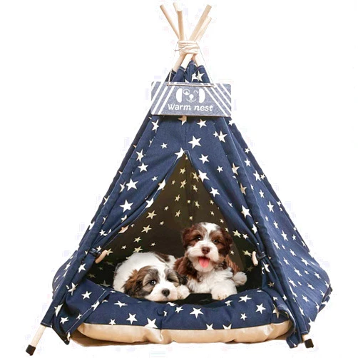 NUKied Pet Teepee Tents, 24 Inch Portable Indoor Dog Teepee Bed with Thick Cushion, Washable Navy Blue Stars Pattern Teepee Tent House for Puppy & Cat