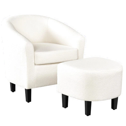 Yaheetech Accent Chair and Ottoman Set, Modern Fuzzy Sherpa Barrel Chair and Footrest, Comfy Boucle Armchair and Footstool for Living Room/Bedroom/Reading Room/Guestroom, Ivory