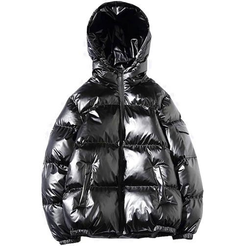 DGHM-JLMY Men's Metallic Full Zip Down Quilted Puffer Jacket Glossy Padded Winter Hood Coat Warm Plus Size Shiny Hooded Coat (Black1,Medium)