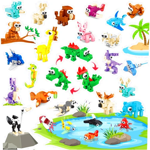 IMCUAMK 24 Packs Party Favors for Kids, 3-in-1, 72 Kinds of Transformable Animal Building Block Toy, Goodie Bag Stuffers, Classroom Student Prizes Christmas Birthday Gift for Boys Girls Ages 6-12+