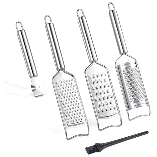 Tongjude Stainless Steel Cheese Grater Set, Set of 5 Kitchen Grater & Peeler & Slicer, Lemon Zester with Cleaning Brush for Vegetable, Fruit, Chocolate