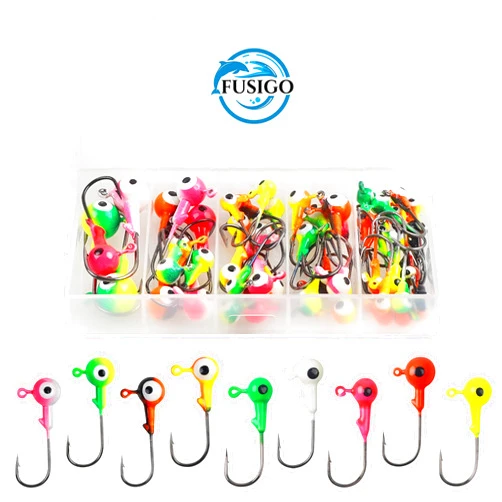FUSIGO Fishing Jig Heads Hooks Set, 40pcs Assorted Round Jig Head with 3D Eyes Painted Jig Heads for Crappie Bass Walleye 1/4oz 1/8oz 1/16oz 1/32oz Saltwater Freshwater Fishing Tackle Kit