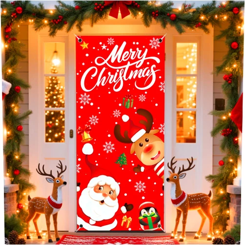 REDWORD Christmas Door Cover, 79x35Inch Santa Claus Elk Christmas Door Decorations Reusable Merry Christmas Front Door Banner Backdrop Outdoor Sign for Xmas Home Office Wall Doors Party Decorations ﻿