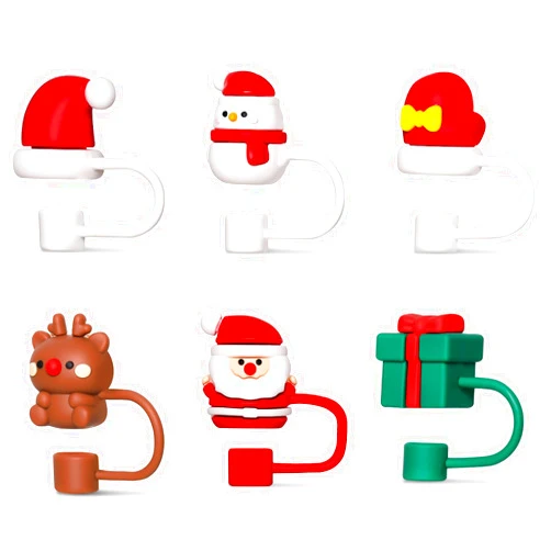 ALKNOT 6pcs 10mm Christmas Cup Straw Cover Christmas Pattern Cute Silicone Straws Tips Covers Cartoon Party Straw Decoration Cap Straw Toppers for Stanley 30&40 Oz Tumbler 8-10 mm Straws