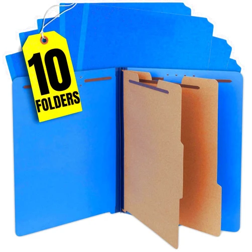 1InTheOffice Pressboard Classification Folders, 2 Dividers, Letter Size, Blue,6 Fasteners 10 Pack