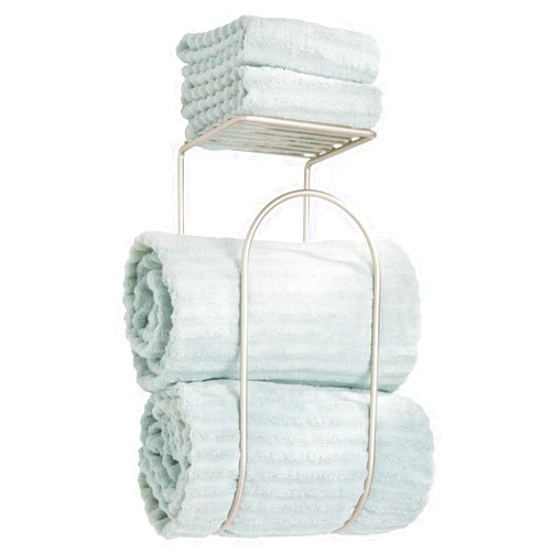 mDesign Modern Metal Wire Wall Mount Towel Rack Holder and Organizer with Storage Shelf - for Bathroom Towels, Washcloths, Hand Towels - Decorative Curved Design - Satin